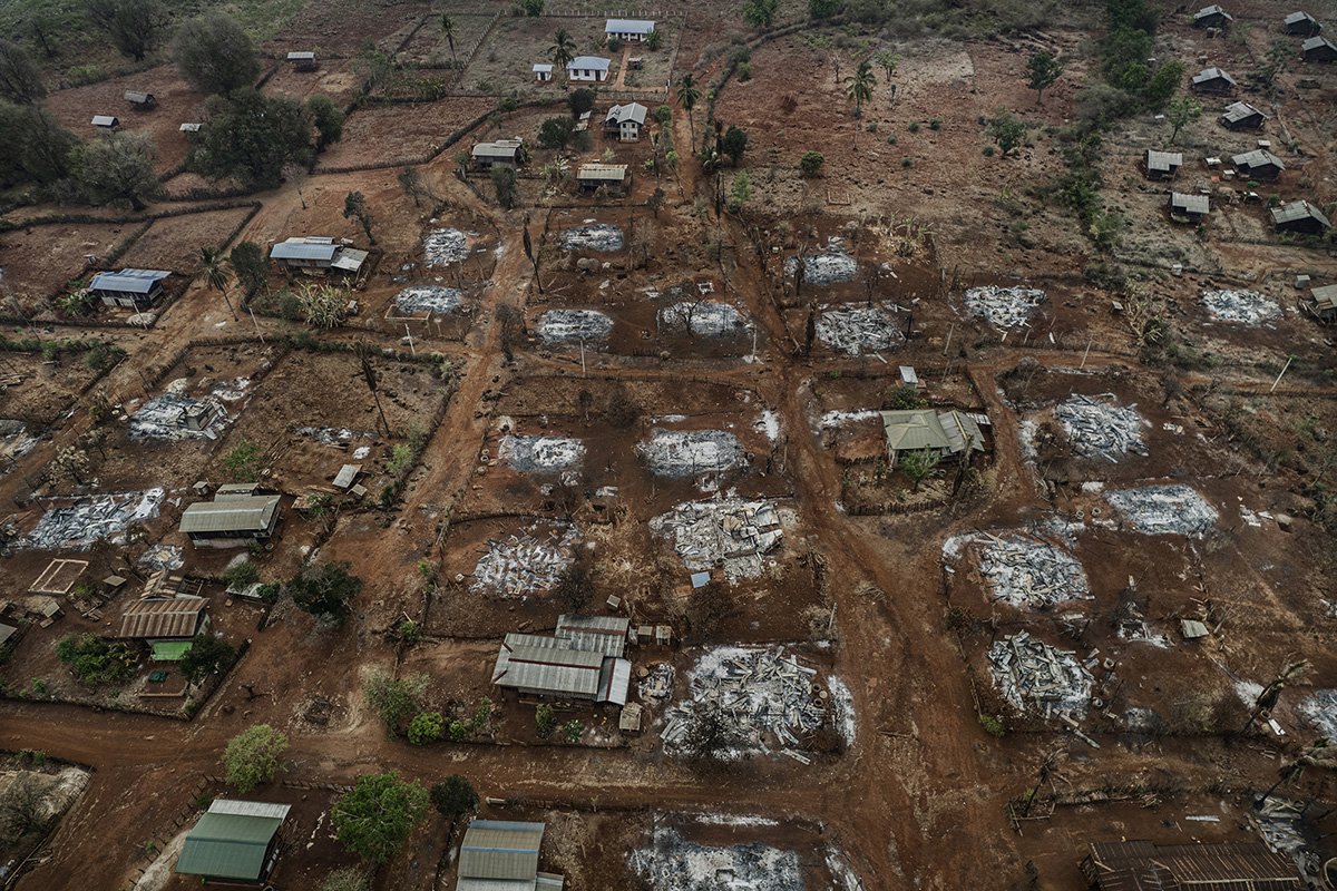 The remains of burnt homes by Myanmar’s military